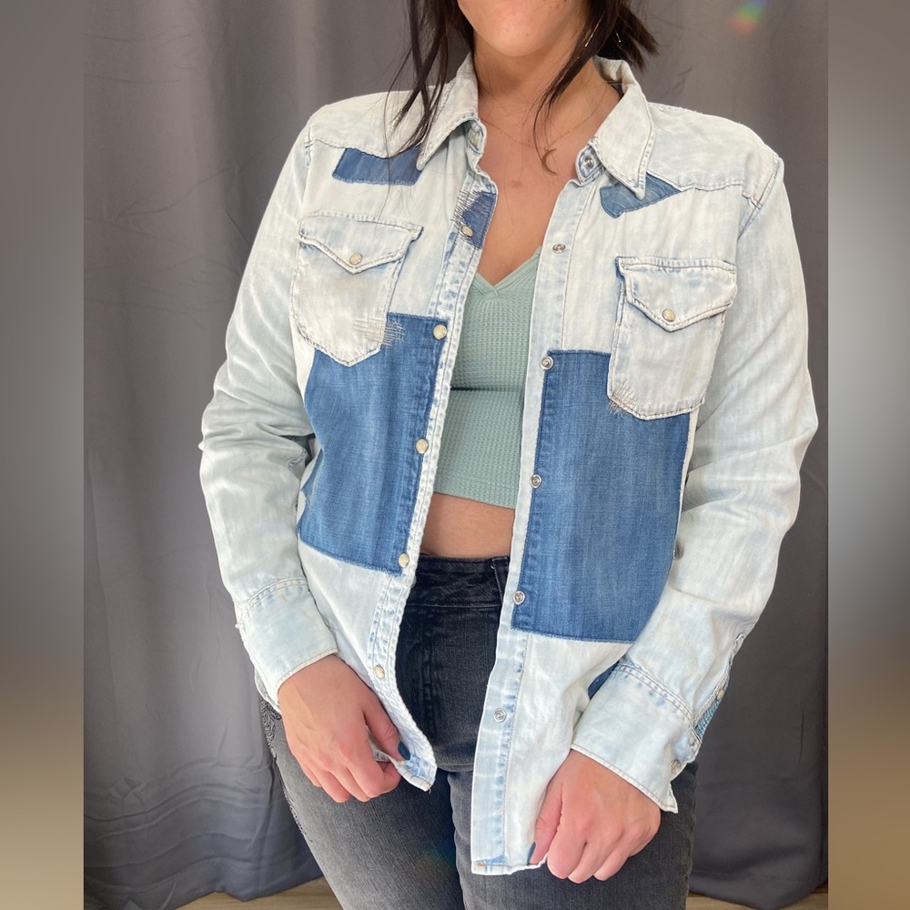 Vintage Western Lucky Brand Patched Denim Shacket Shirt with Snap Button Down